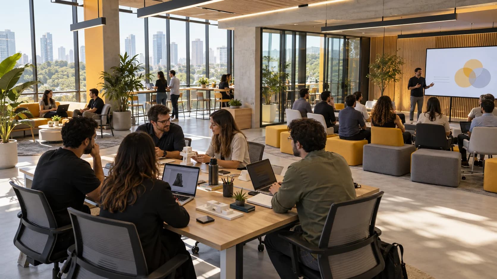 Visão conceitual de um laboratório claro e acolhedor, com grupos trabalhando em mesas compartilhadas e uma área para encontros de empresários